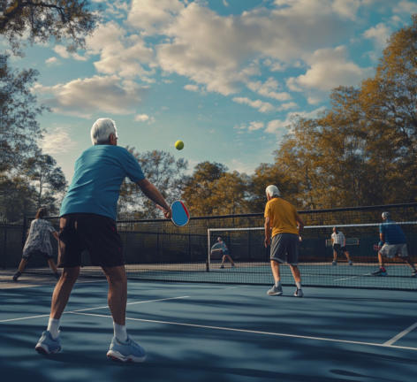 Four people playing pickleball at A field with the mountains in the distance with a bluish hue on the mountains near Happy Acres RV Park in Pueblo, Colorado.